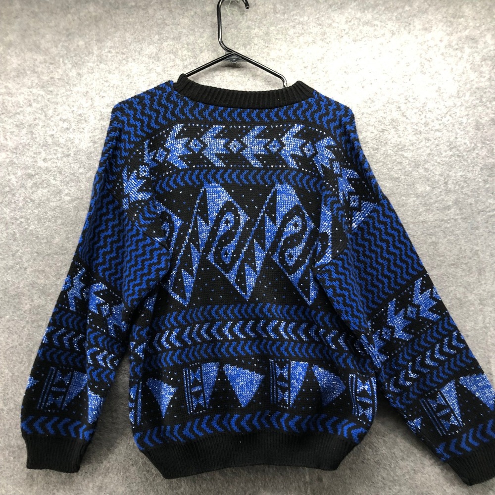 Vintage 80s Metallic Blue Black Abstract Geometric Sweater Womens L XL Oversized - Picture 12 of 12